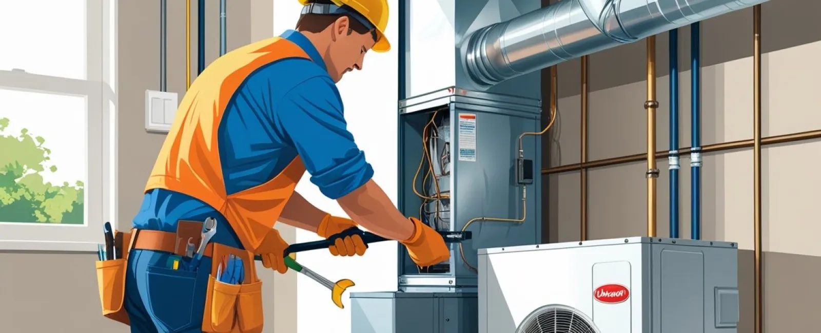 Technician wearing safety gear repairing HVAC system inside a residential building with tools and ductwork visible.