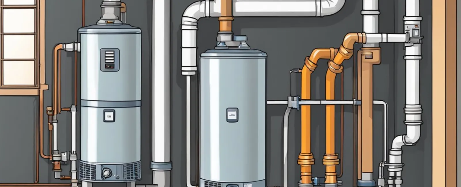 Two water heaters connected with white and orange pipes in a utility room with gray walls and tiled floor