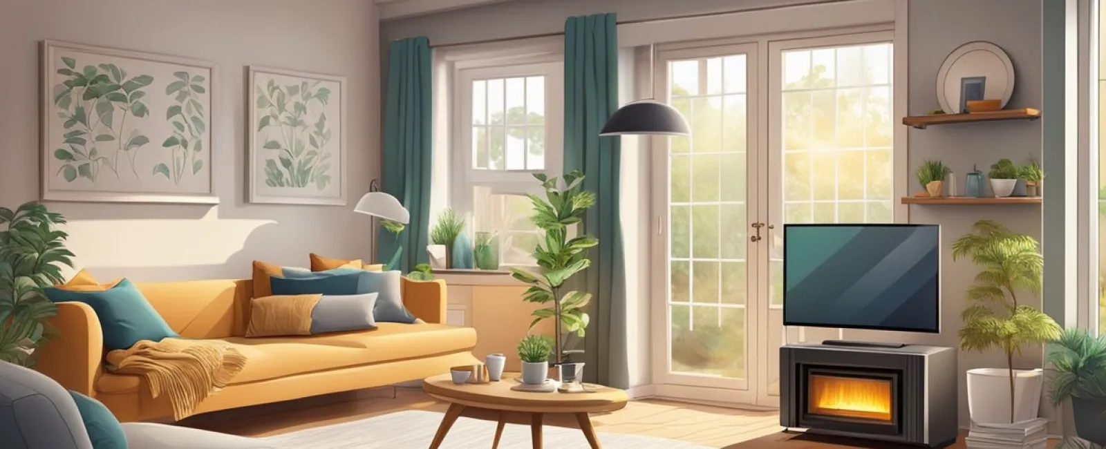 Bright cozy living room with orange sofa, large windows, indoor plants, and a modern fireplace under TV.