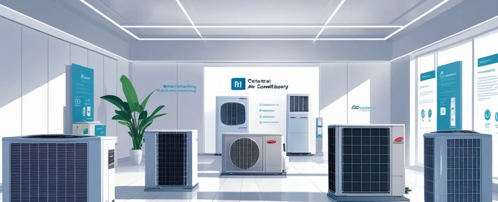 Modern showroom displaying various central air conditioning units in a bright, white, minimalist space.