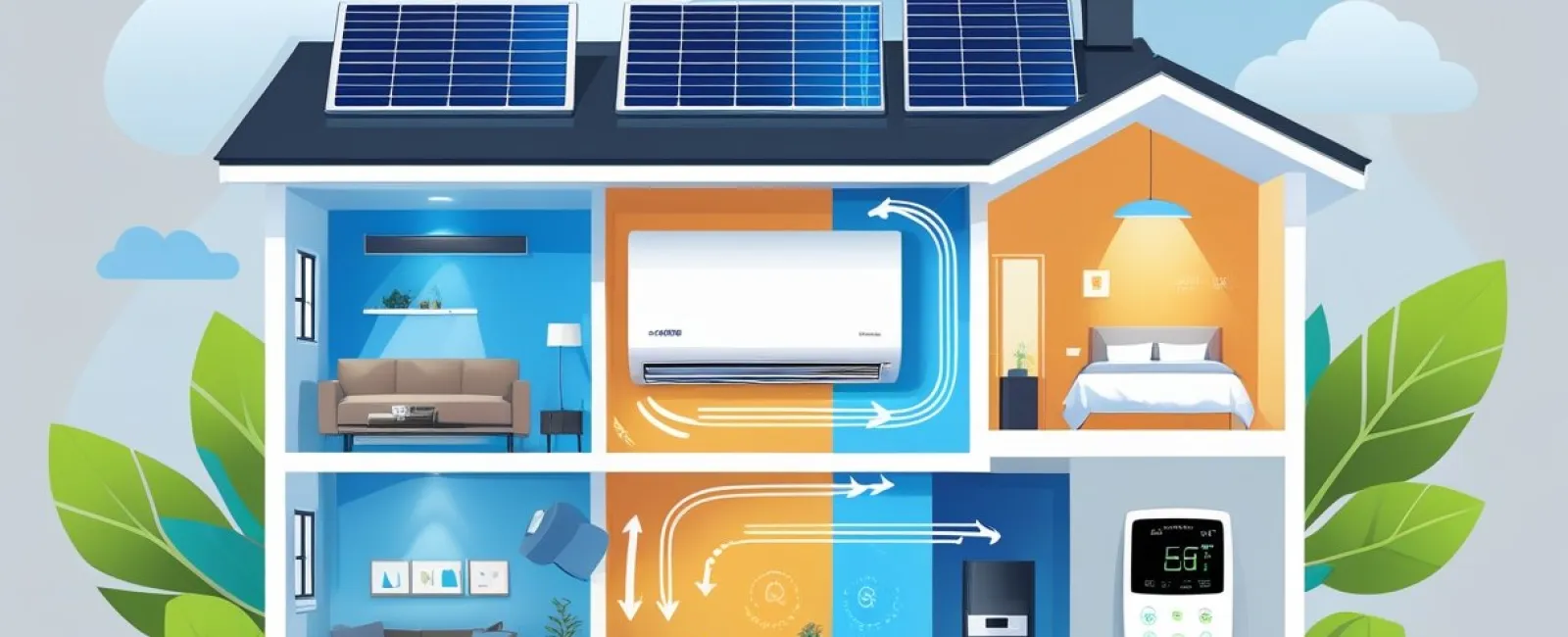 Cutaway view of a modern home with solar panels and air conditioning system showing airflow and temperature control.