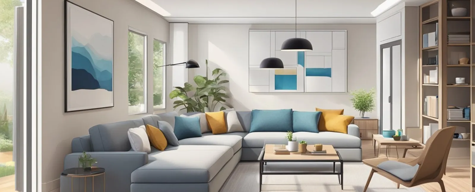 Modern living room with a large blue sectional sofa, colorful cushions, wooden flooring, and contemporary decor.