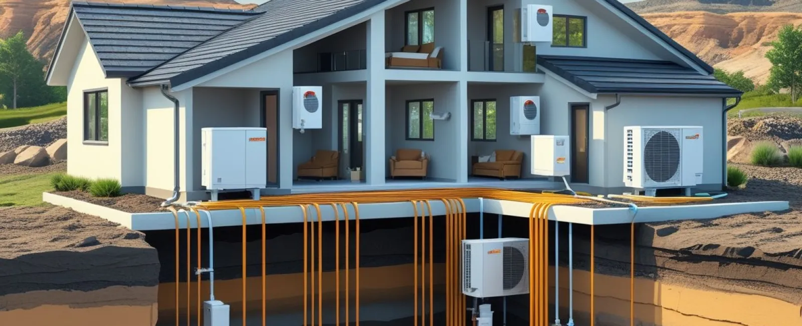 Cutaway view of a house showing geothermal heating and cooling system with underground pipes and heat pumps.