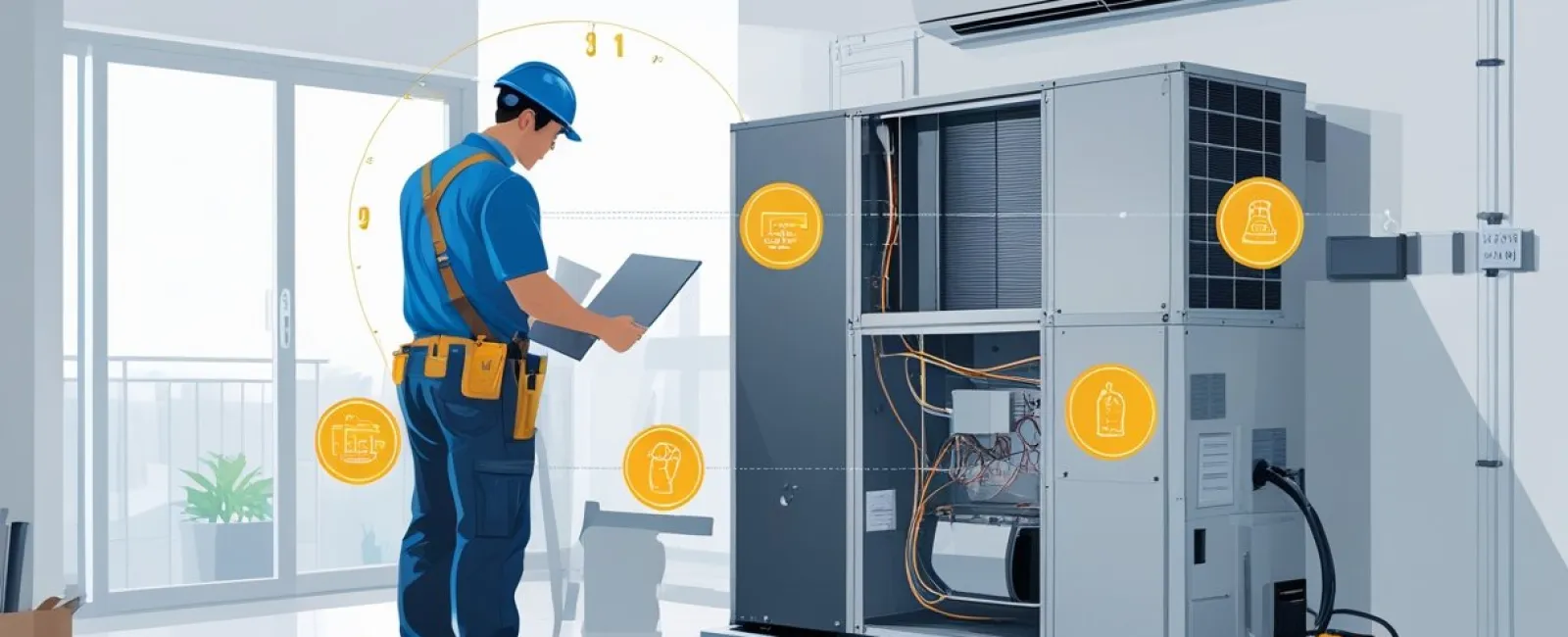 Technician in blue uniform inspecting a large HVAC unit indoors with a clipboard and tools by his side