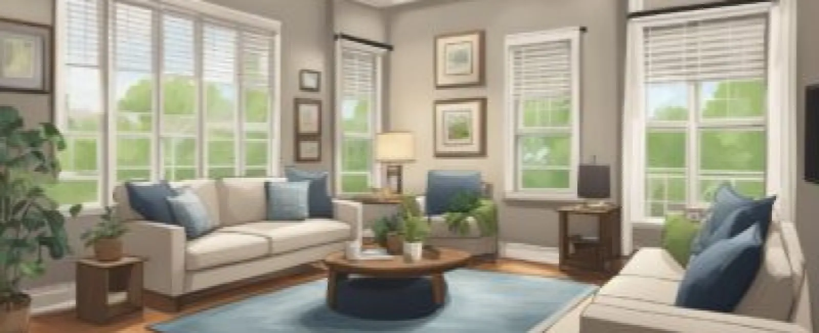 Bright living room with beige sofas, blue cushions, wooden floor, large windows, plants, and a blue area rug.