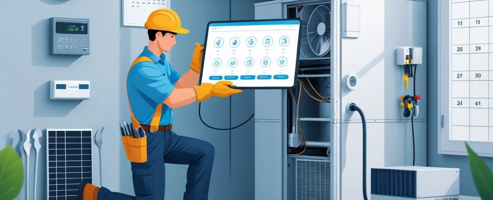 Technician in safety gear inspecting HVAC system with diagnostic tablet in a modern utility room.
