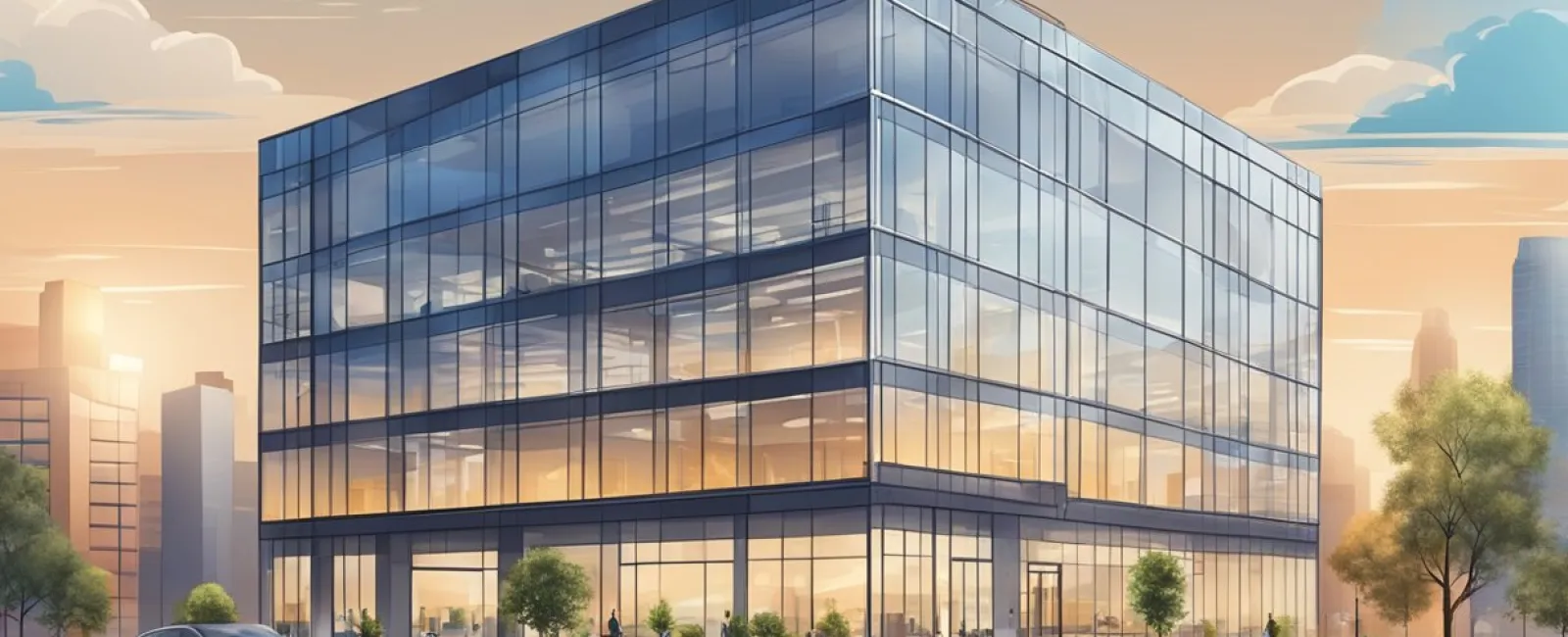 Modern glass office building on city street at sunset with people and car in foreground