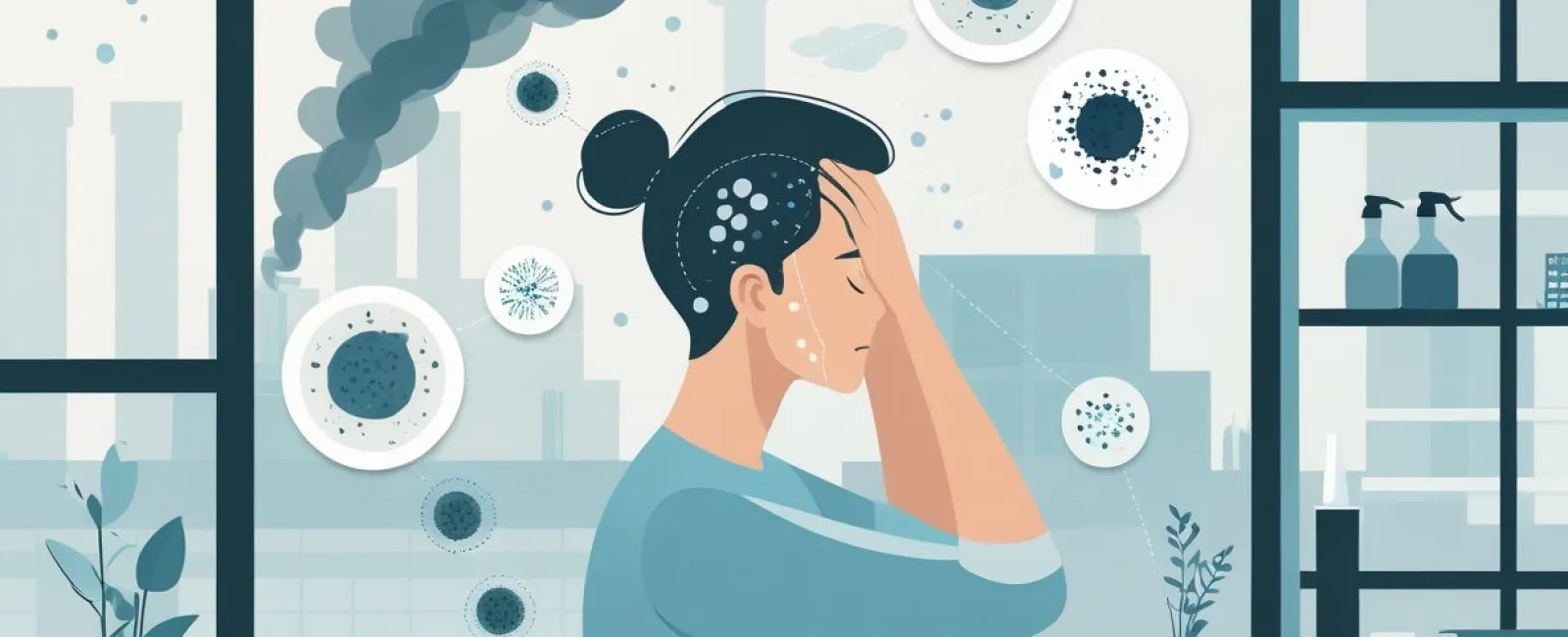 Woman indoors suffering from headache amid airborne pollution and virus particles visible outside the window.