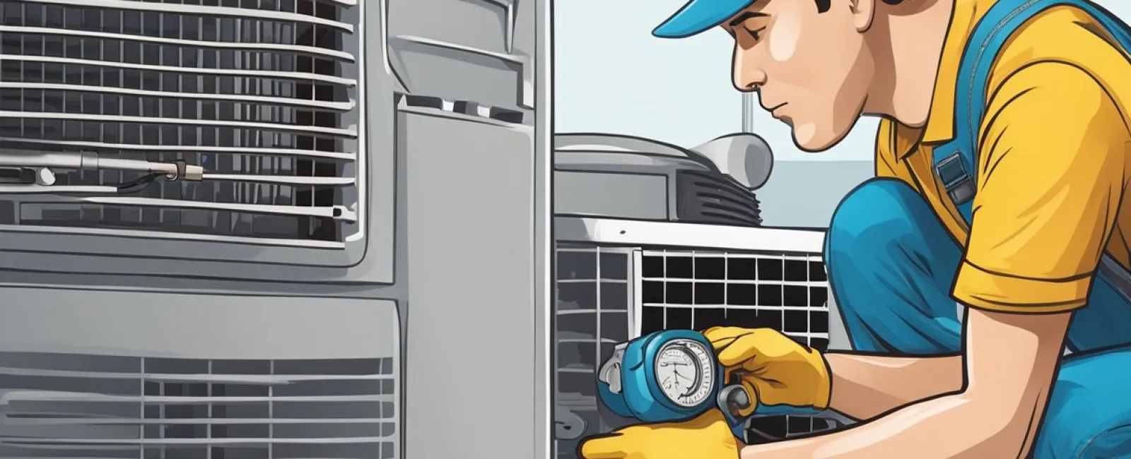 Technician in uniform inspecting and measuring air conditioning unit pressure with a gauge tool.