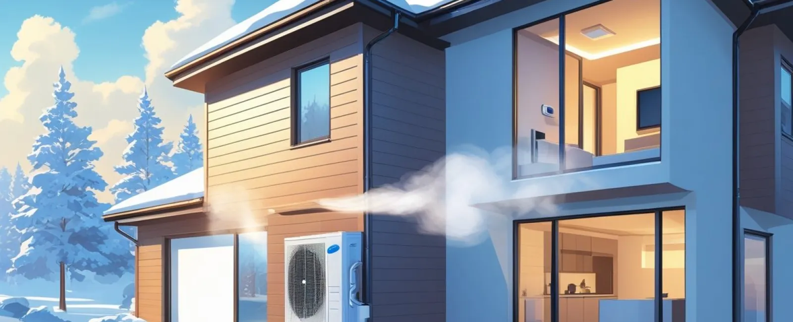 Modern house in snowy landscape with heated air ventilation system visible on exterior wall releasing warm air.