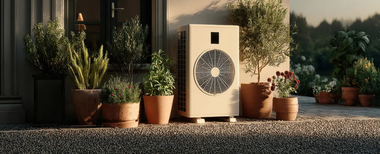 Outdoor air conditioner unit surrounded by potted plants on a stone patio in soft evening light