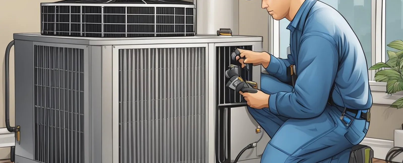 Technician in blue uniform repairing a large air conditioning unit indoors near a window and tools.