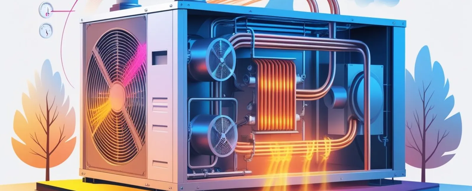 Detailed illustration of an industrial HVAC unit showing heat exchange pipes and cooling fans with temperature gauges.