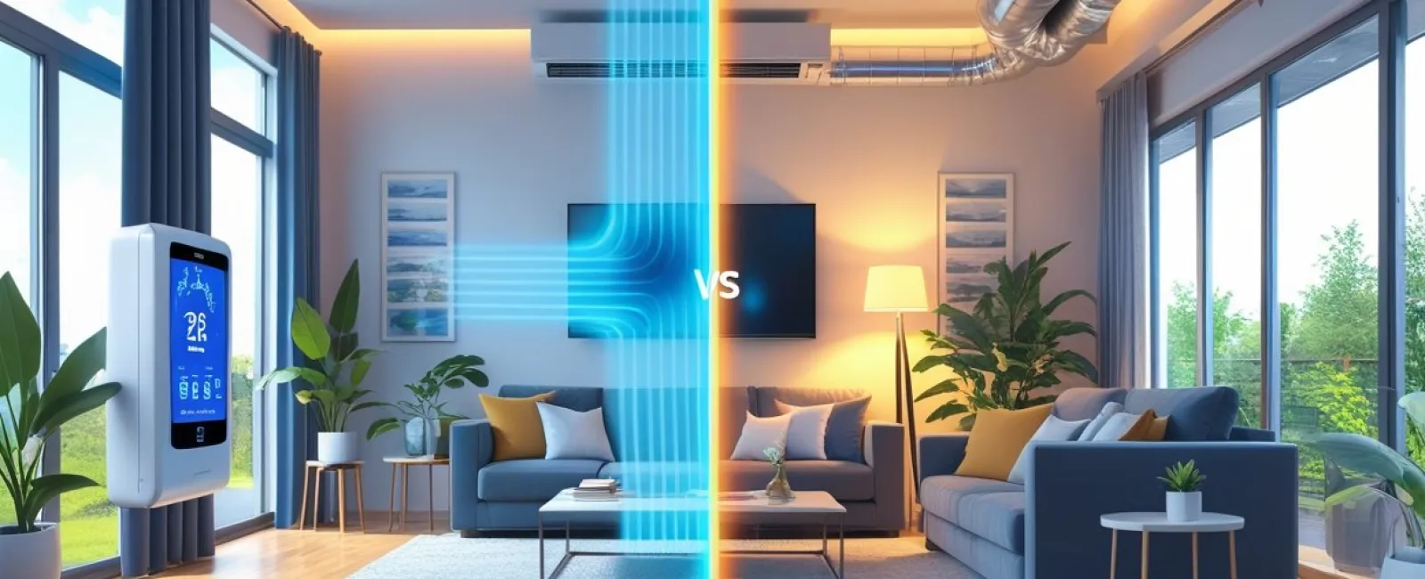 Modern living room split showing efficient air conditioning system versus traditional system with airflow visuals.