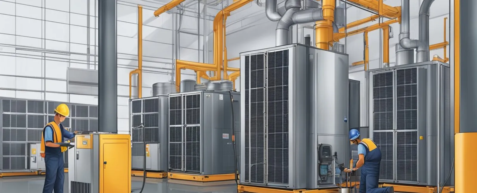 Technicians working on large industrial HVAC units in a clean, modern factory with yellow piping and ventilation systems.
