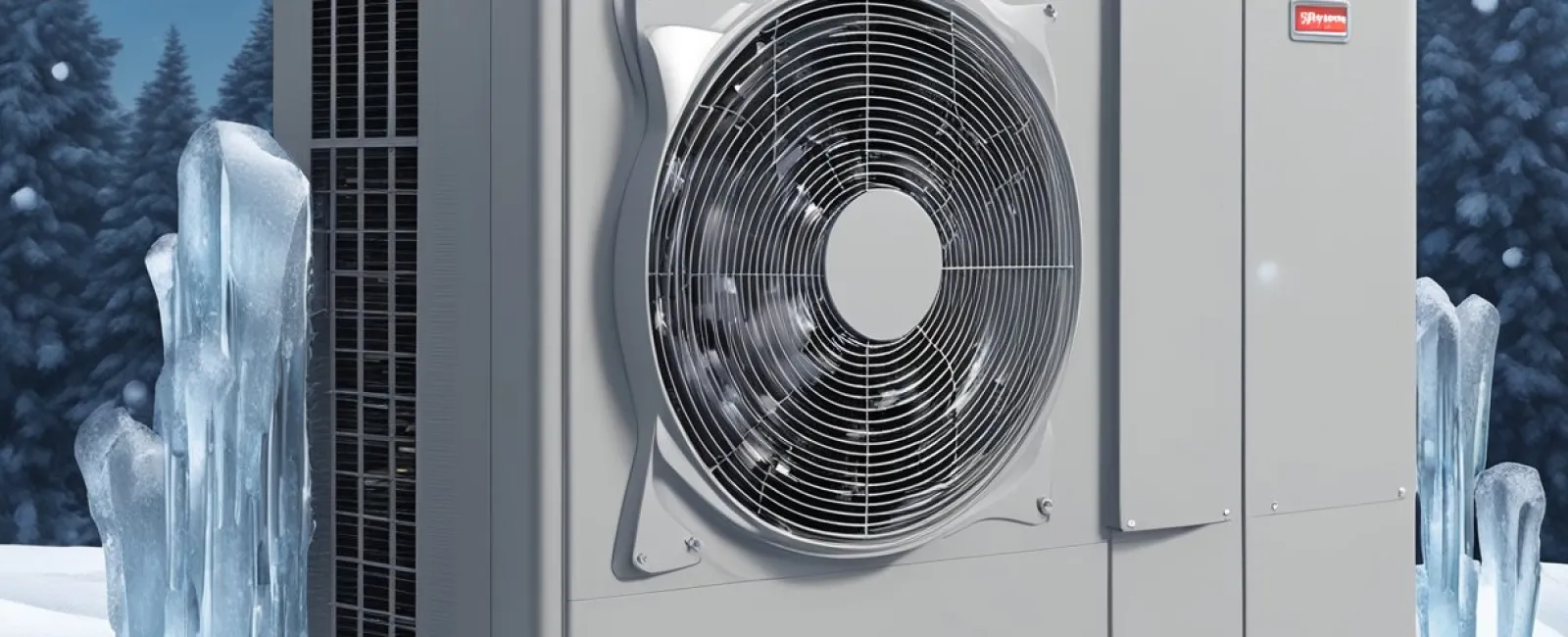 Heat pump unit operating outdoors in snowy winter setting with icicles and snow-covered trees around.
