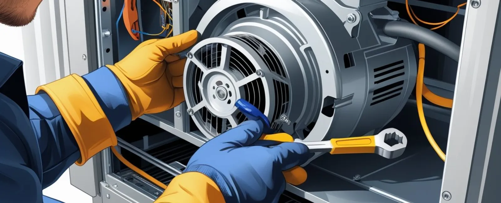 Technician wearing gloves repairing or maintaining an industrial motor inside machinery using a wrench and screwdriver