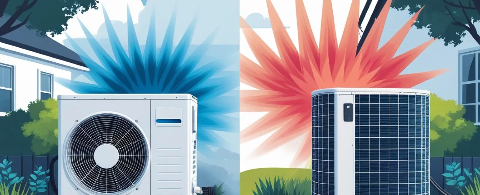 Side-by-side outdoor air conditioning units emitting blue cool air and red warm air near houses on sunny day.