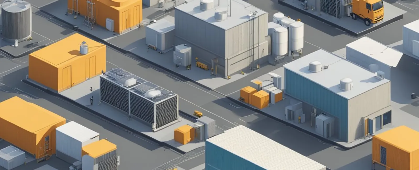 Isometric view of an industrial complex with modular buildings, cooling units, and trucks in a clean layout