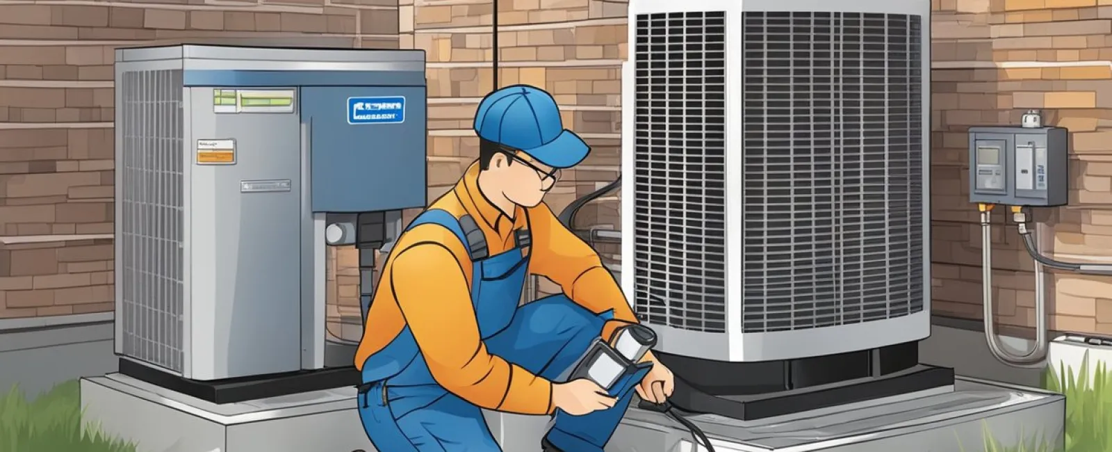 Technician in blue overalls inspecting an outdoor air conditioning unit with diagnostic equipment on grass.