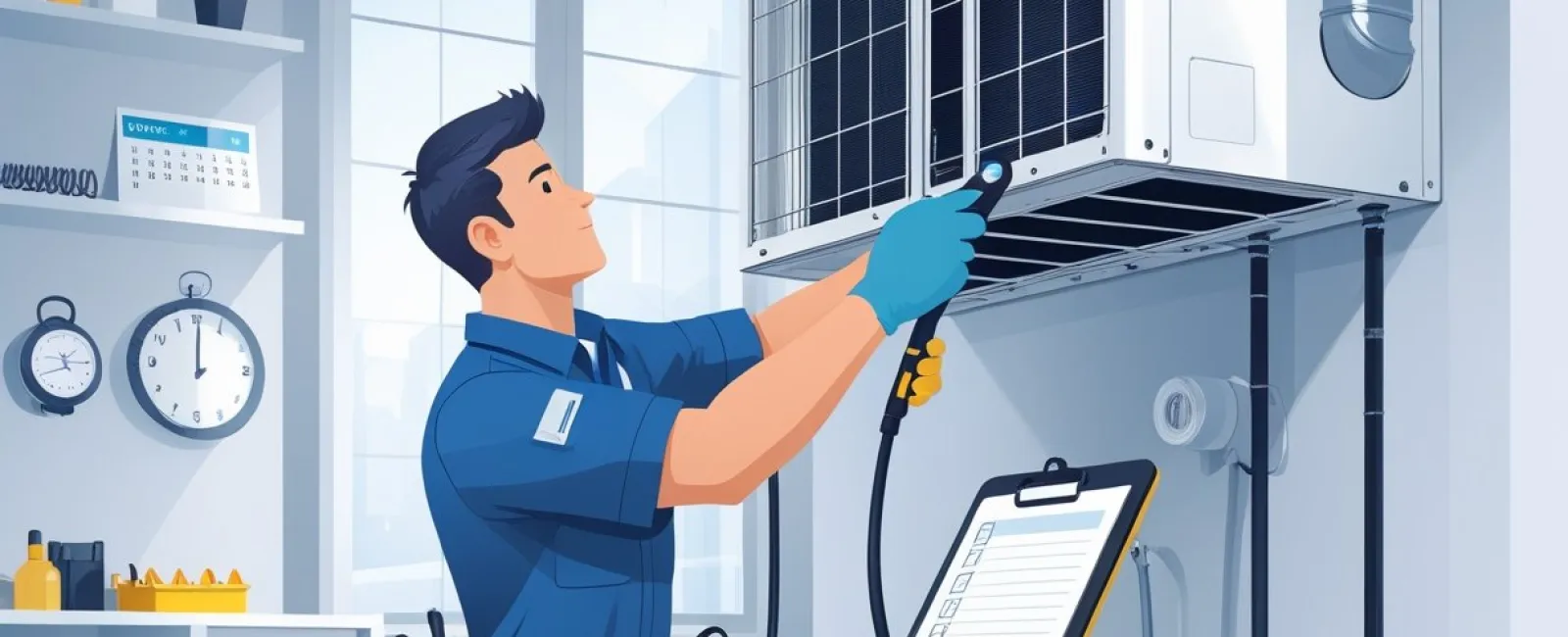 Technician wearing blue uniform inspecting and cleaning a wall-mounted HVAC unit indoors with tools and checklist nearby
