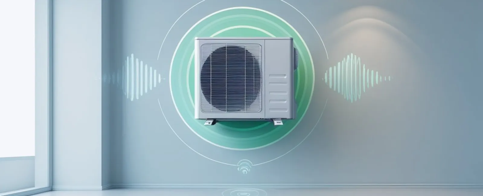 Modern air conditioning unit on wall with digital soundwave graphics in sleek white room with window.