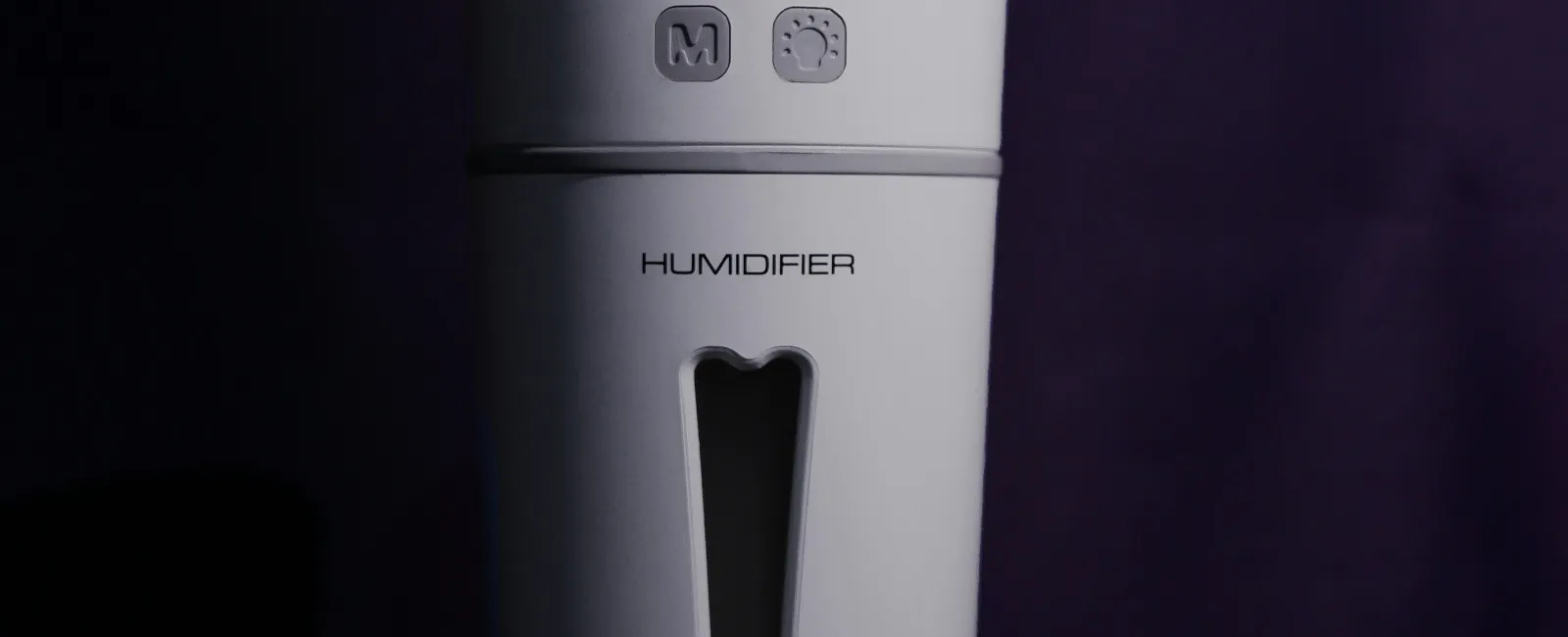 Compact white Homgeek humidifier with control buttons and water level window on dark background
