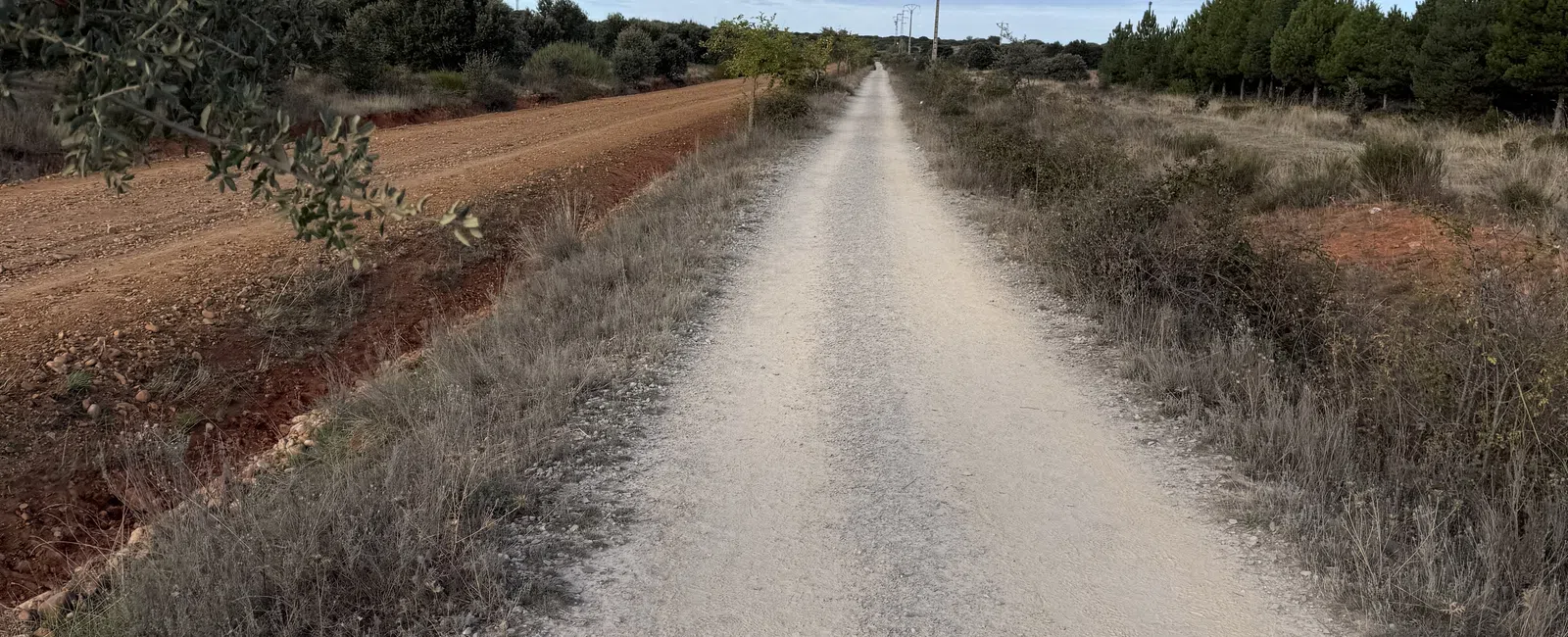 Long straight dirt road flanked by dry grass and trees under a blue sky with scattered clouds.