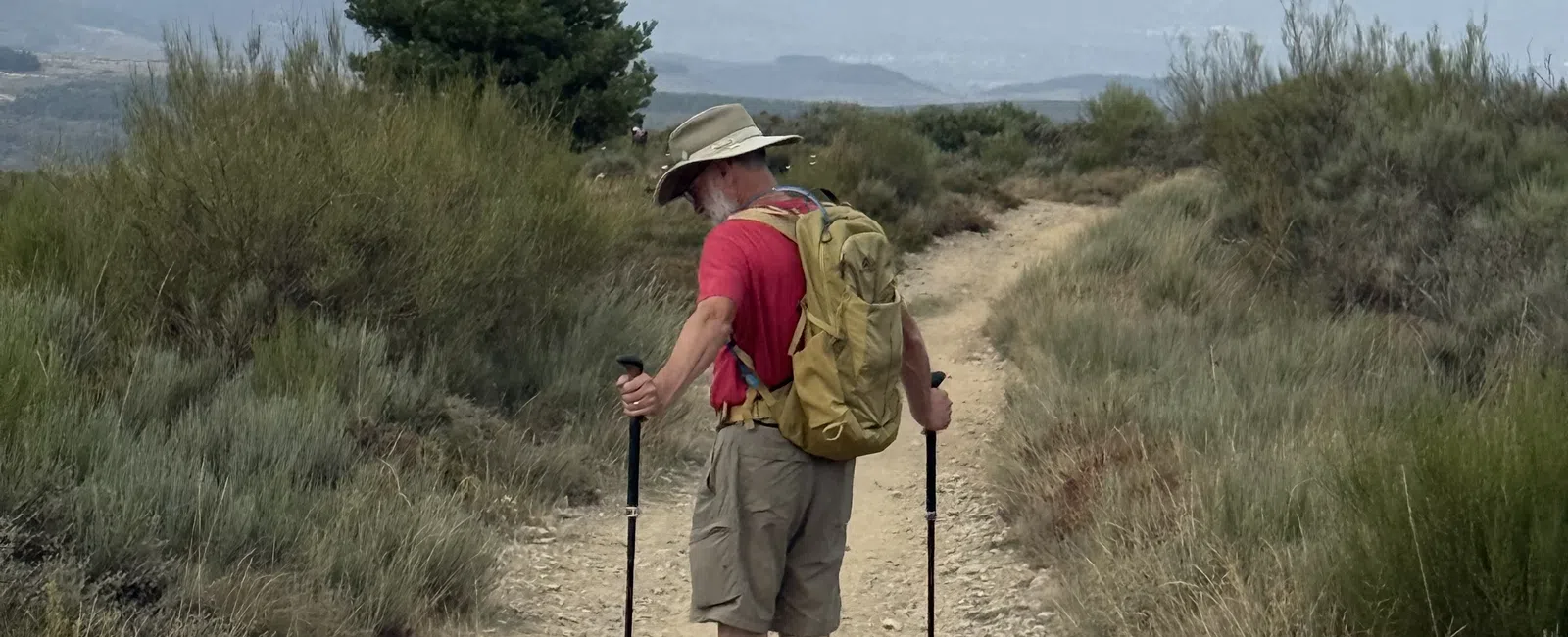 Hiker with backpack and walking poles on a dirt trail surrounded by dry bushes and distant mountains under cloudy sky