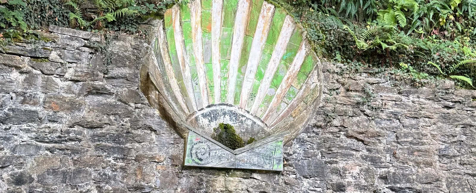 Stone shell-shaped fountain with moss, surrounded by green foliage and curved stone benches in a forest setting.