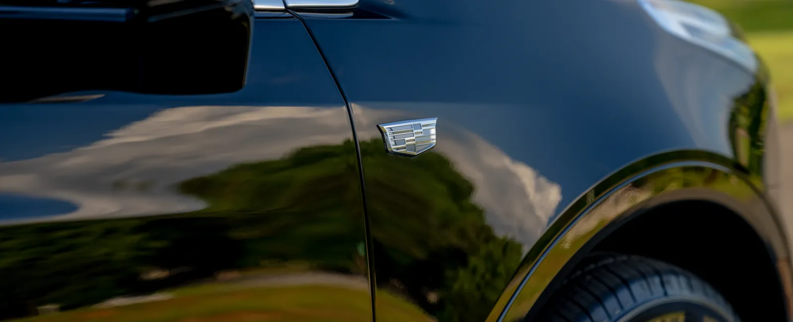 Close-up of black luxury car side showing Cadillac emblem and front tire with blurred green landscape reflections