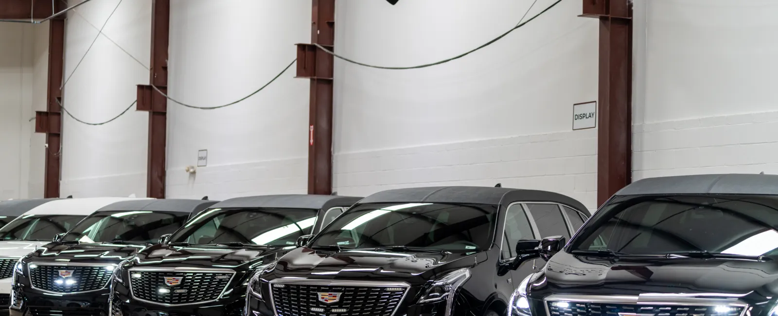 Row of black Cadillac SUVs lined up inside Shields Professional Vehicles showroom with logo on wall