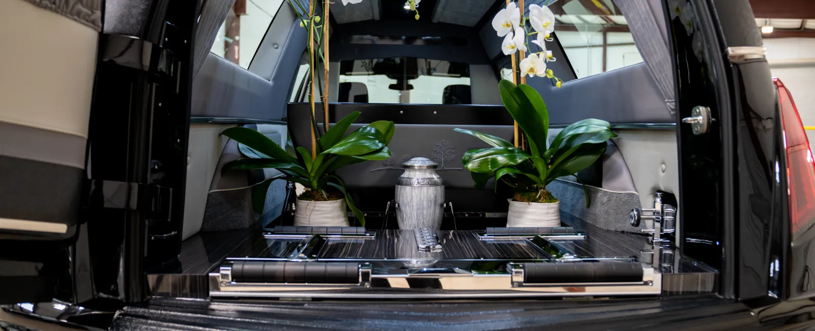 Interior of a black hearse with white orchids and a silver urn displayed on a polished wooden platform