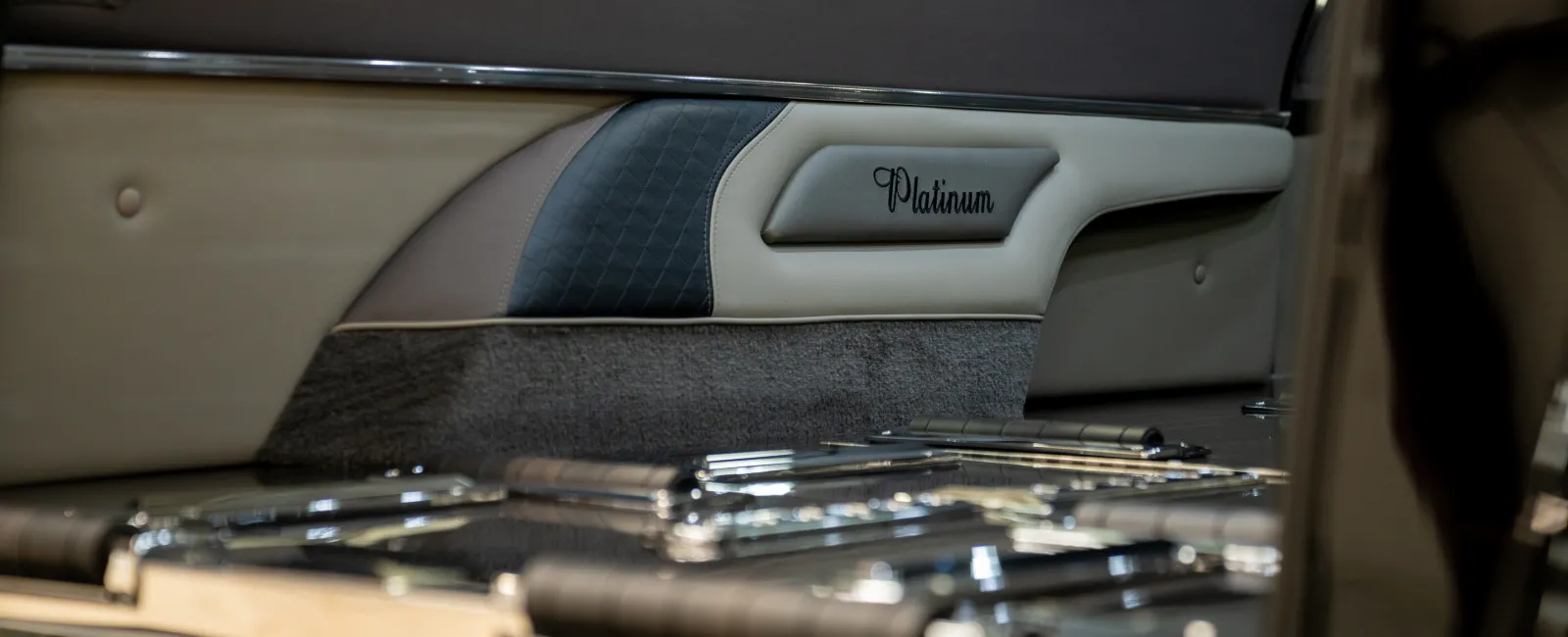 Close-up of luxury car interior door panel with Platinum emblem and detailed leather and chrome accents.