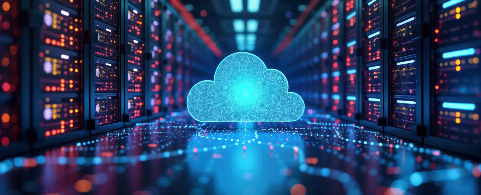 Glowing blue digital cloud icon surrounded by server racks in a futuristic data center with vibrant lights.