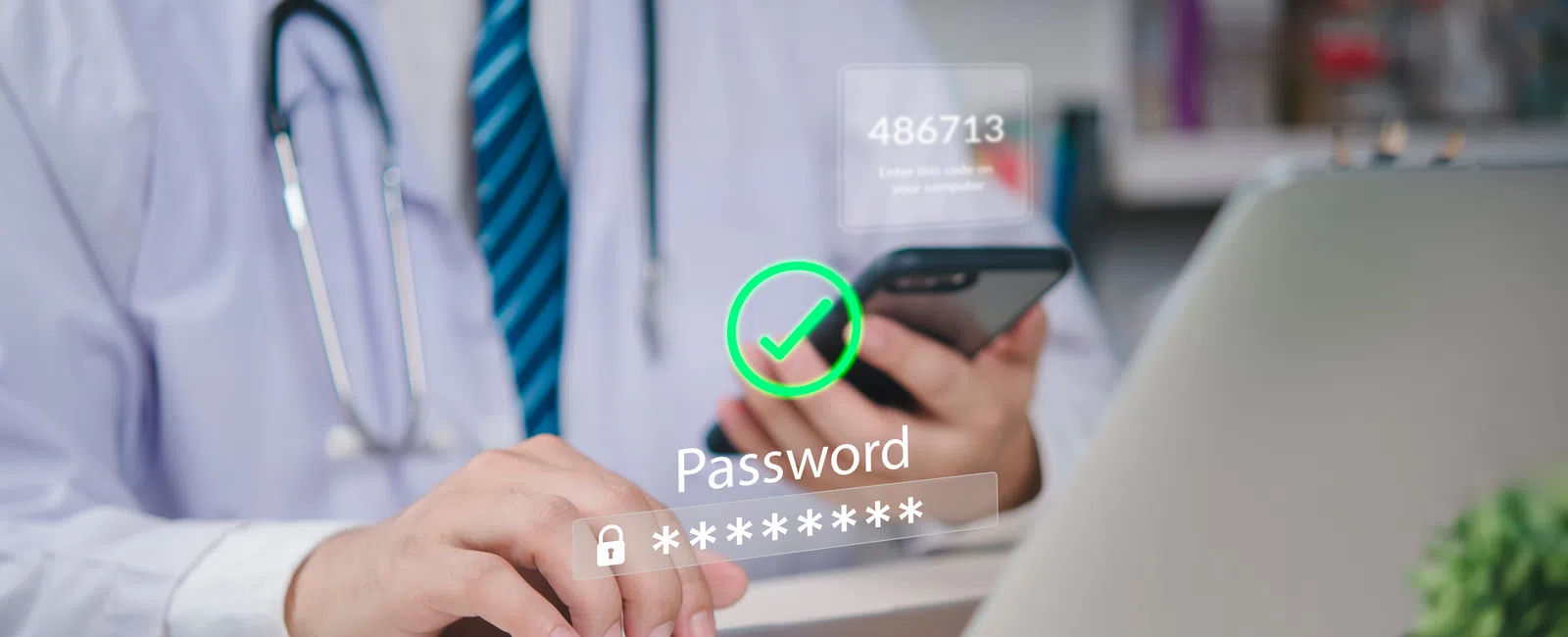 Doctor using laptop and smartphone with digital password and security code overlays for secure access.