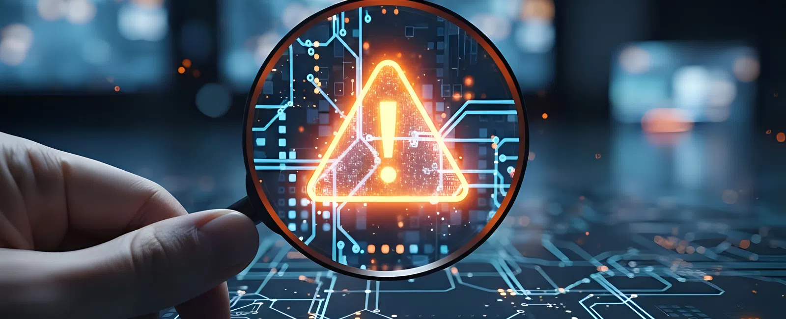 Hand holding magnifying glass focusing on digital warning sign over circuit board background