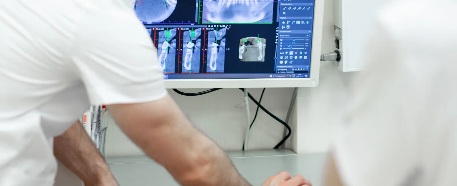 Dentist reviewing detailed digital dental X-rays and scans on computer screen in modern clinic.