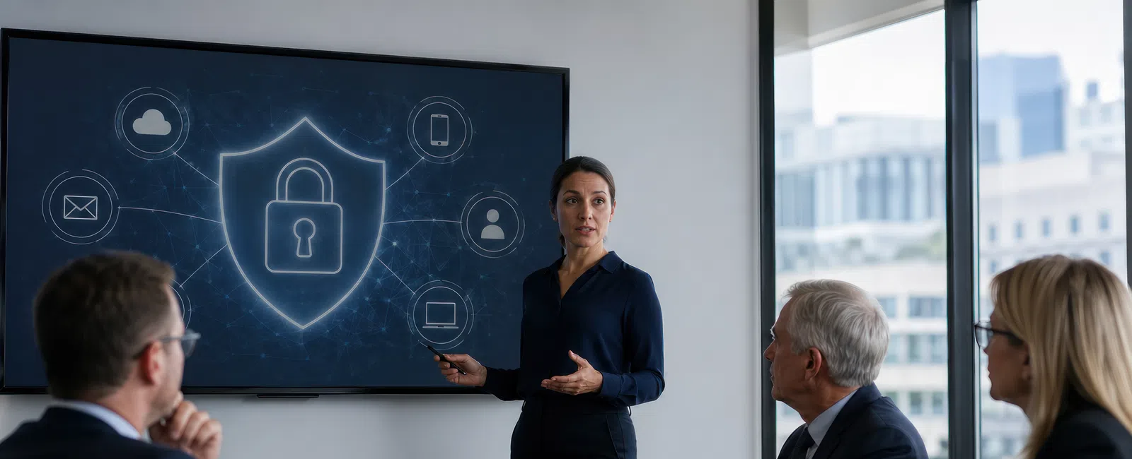 Businesswoman presenting cybersecurity concepts to colleagues using digital lock and network icons on screen