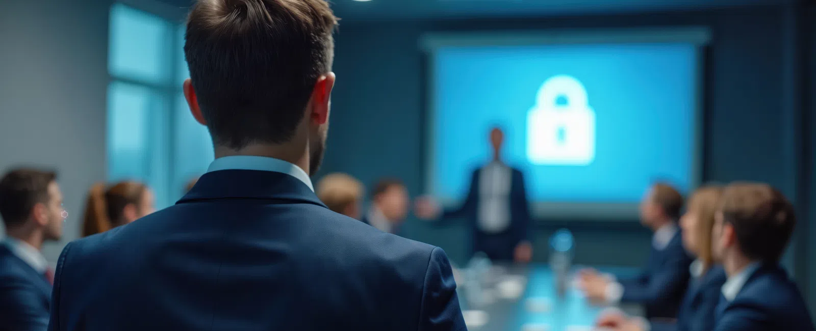 Business team attending cybersecurity presentation with lock icon on screen in modern conference room.