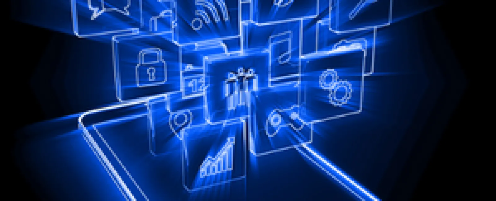 Blue neon digital smartphone with floating app icons representing communication and technology.