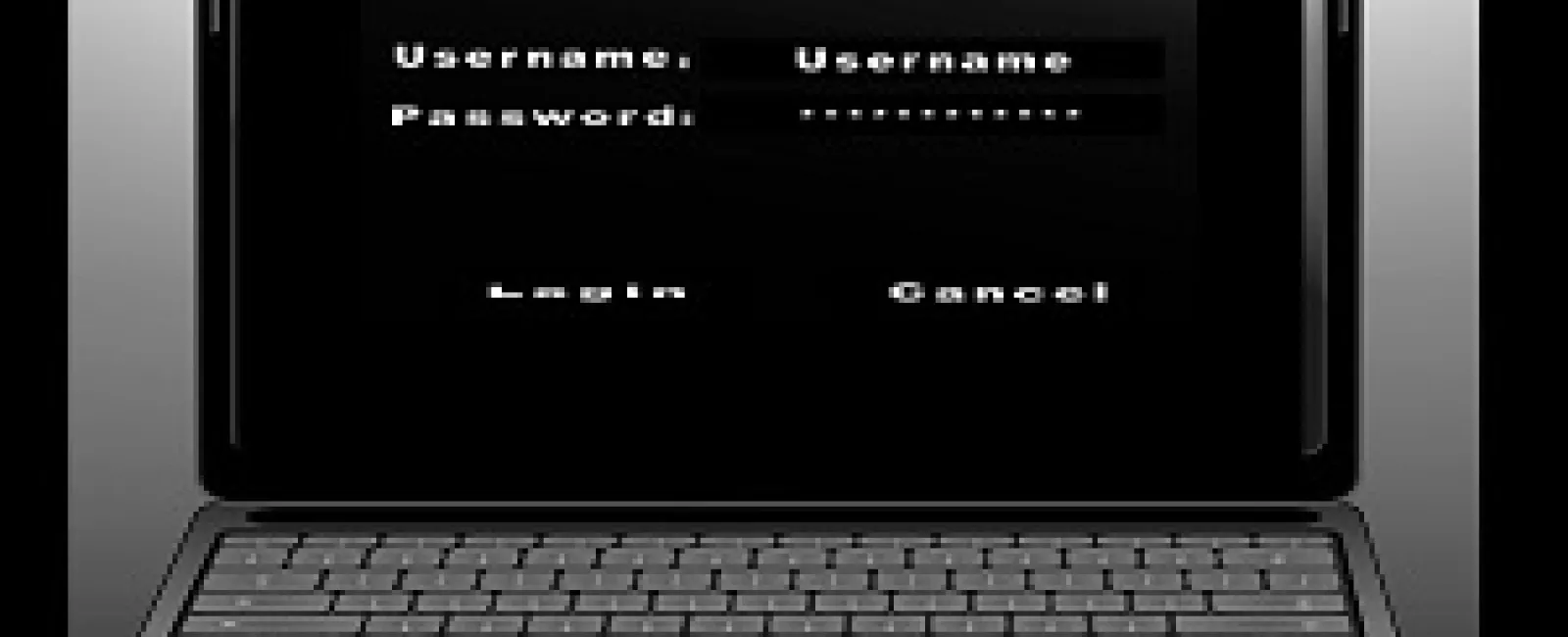 Black laptop with a login screen displaying username and obscured password fields.