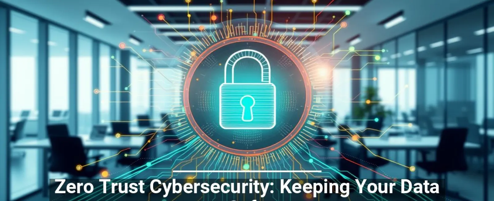 Digital padlock icon representing cybersecurity in a modern office setting with data protection theme.