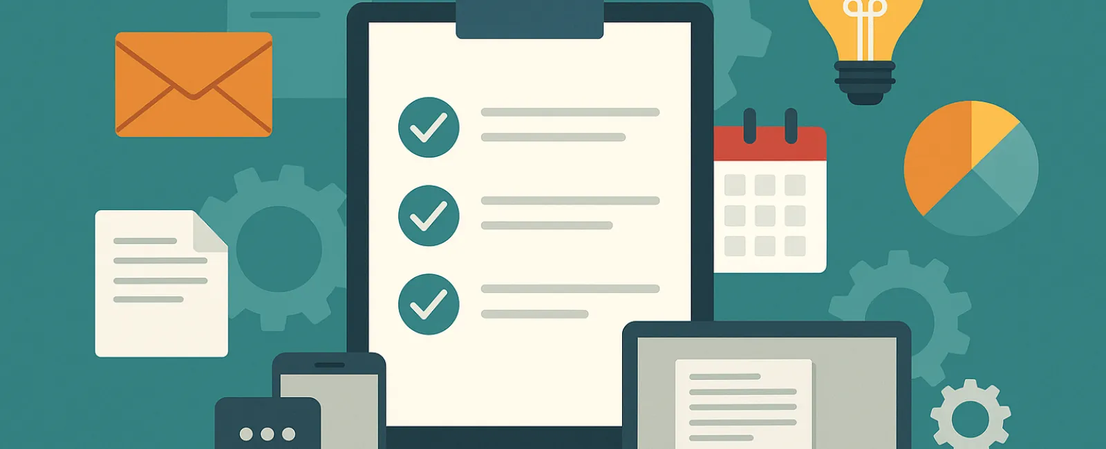 Flat design of checklist on clipboard surrounded by email, calendar, laptop, phone, gears, light bulb, and pie chart icons.