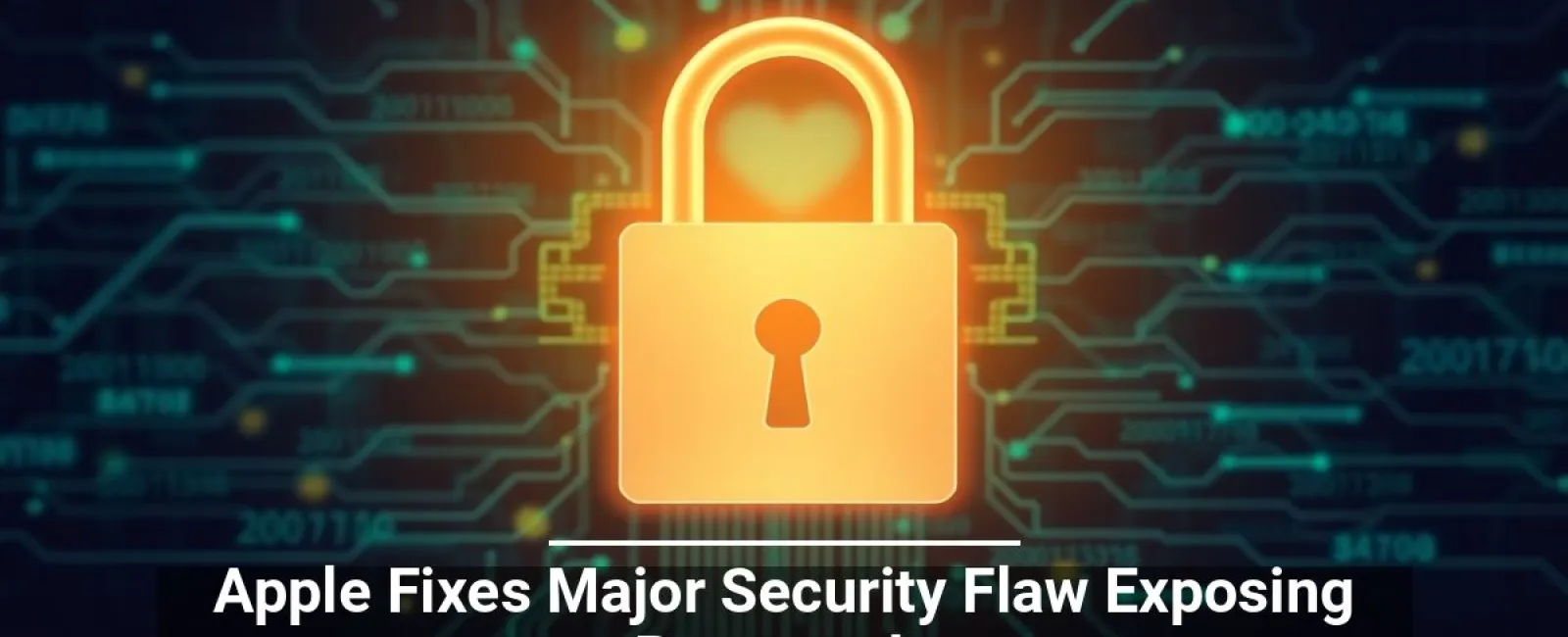 Golden lock icon glowing on digital circuit background with text about Apple fixing major security flaw exposing passwords