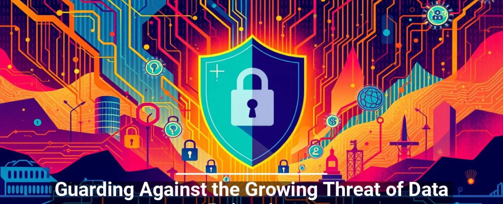 Colorful digital shield with a lock symbol, circuit lines, and cityscape representing data security and protection.
