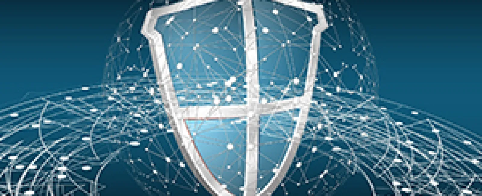3D shield icon surrounded by digital network connections symbolizing cybersecurity and data protection.