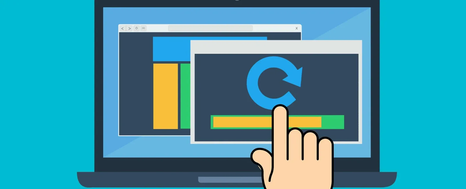 Hand clicking a refresh icon on a laptop screen showing loading bars and browser windows on a blue background