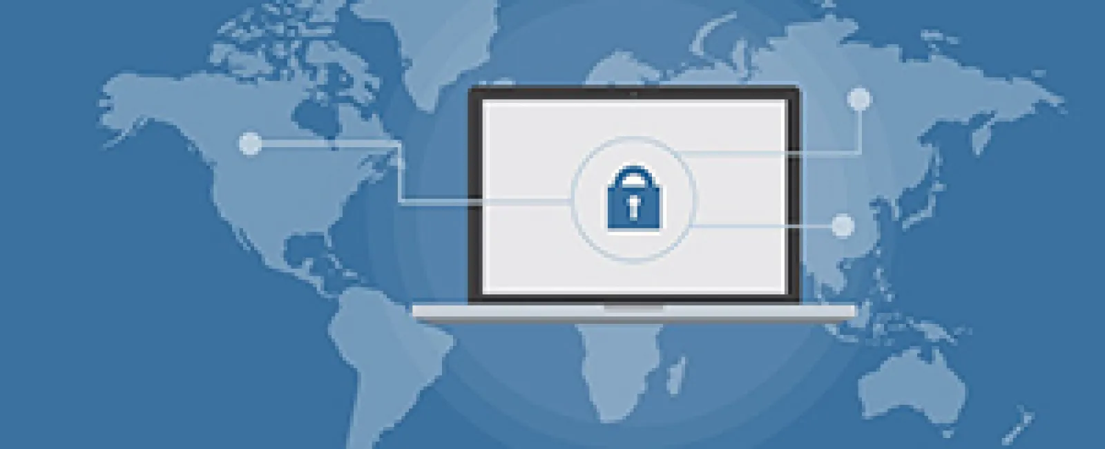 Laptop with a padlock icon in front of a world map symbolizing global cybersecurity and data protection.