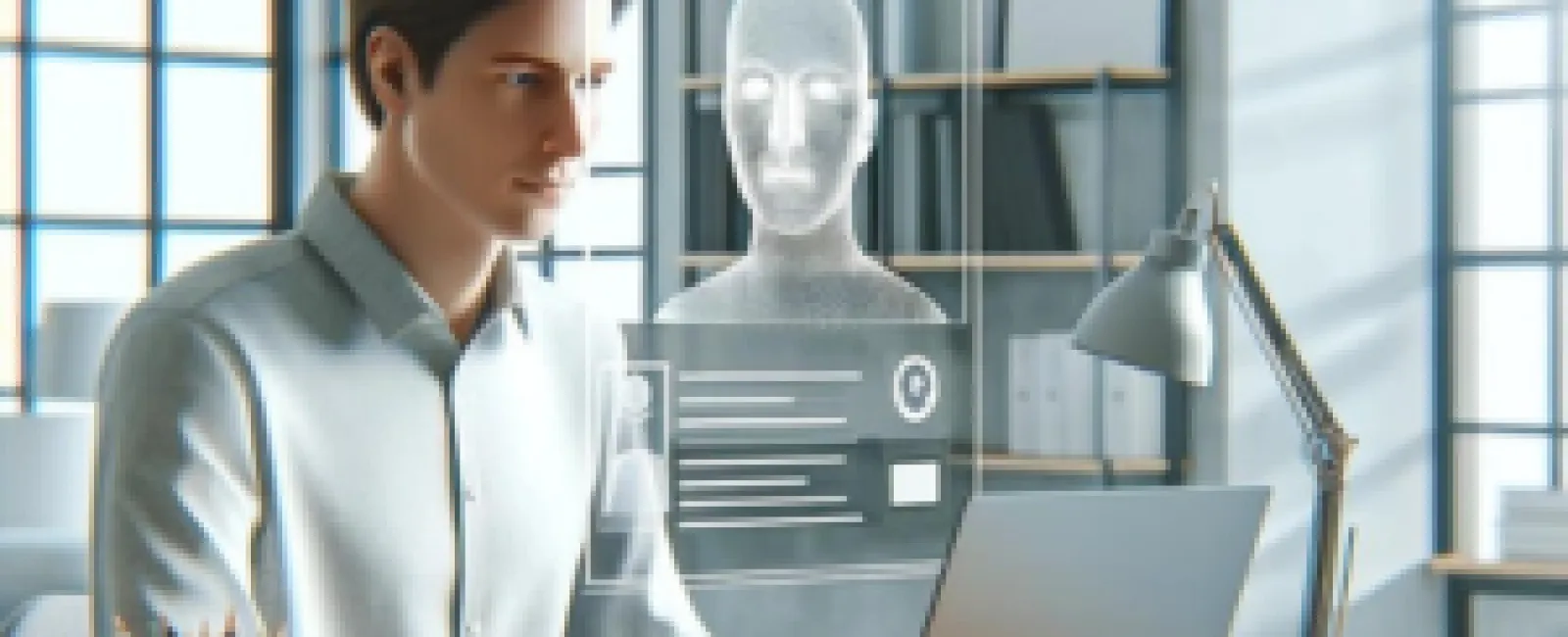 Man using laptop with augmented reality facial recognition interface in bright office workspace